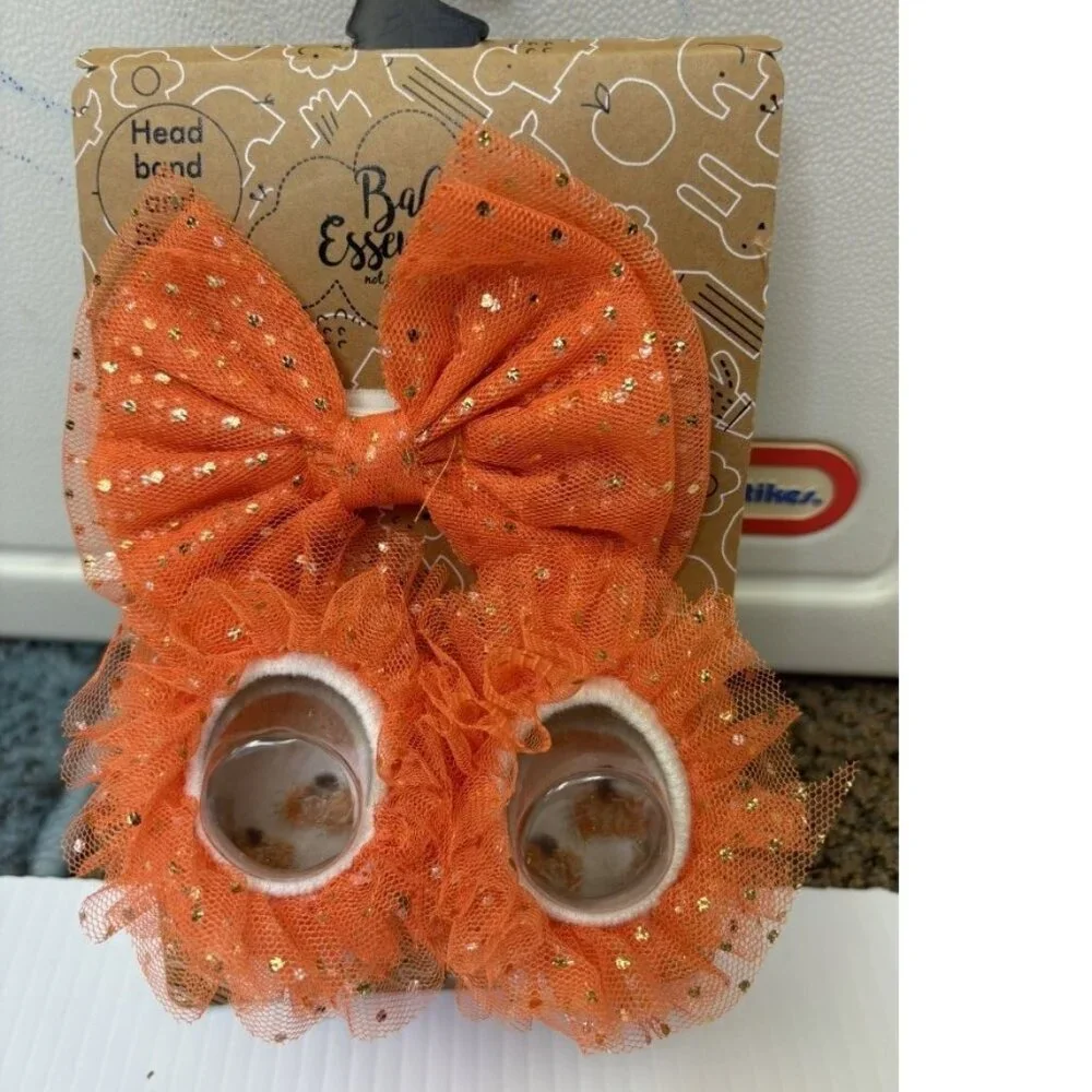 Halloween Booties & Headband 0/6 months Orange White Pumpkin 2 Pc Girls Infant
